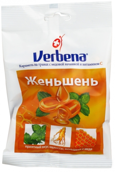 Льодяники Verbena Женьшень на травах з медом 60 г